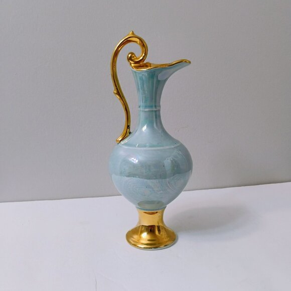 Vintage CG Pottery Iridescent Porcelain Pitcher Ewer 22k Gold Aqua Ornate Handle - Picture 1 of 10
